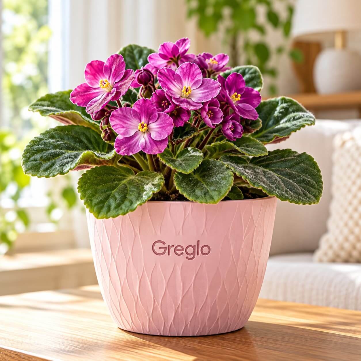 African Violet in Pot African violet in a Greglo pot inside a bright home.