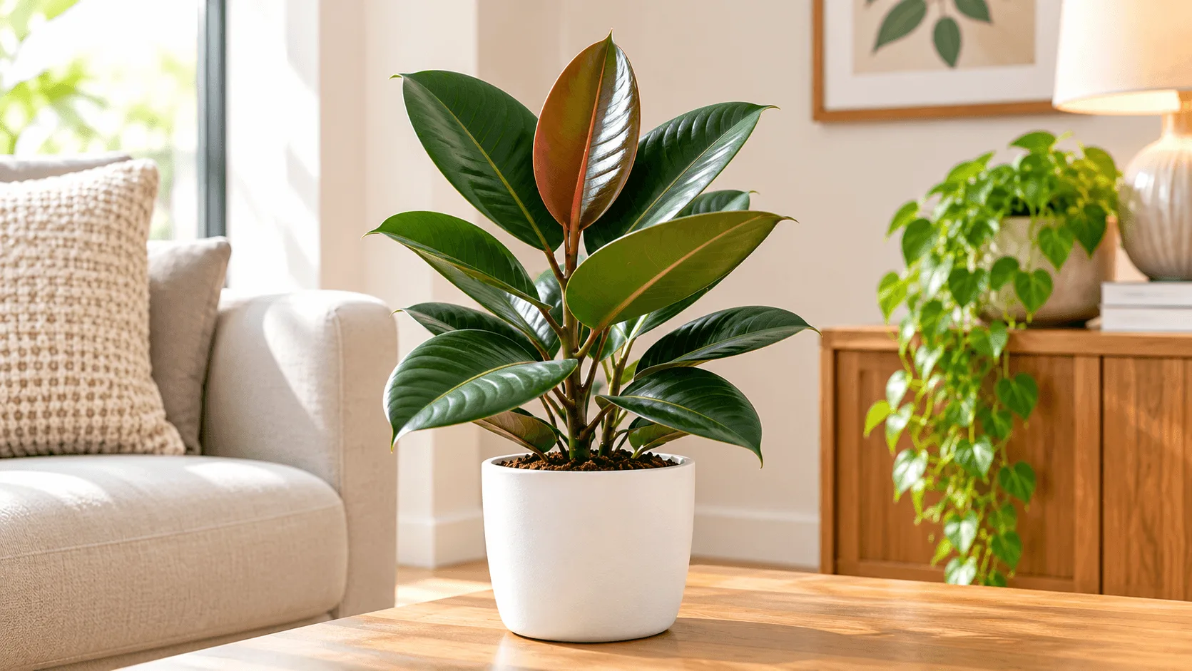 Rubber Plant Indoor Rubber plant in a white pot inside a modern home.