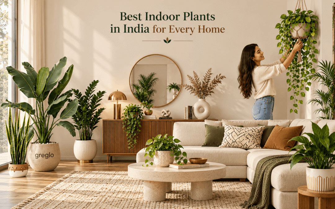 Best indoor plants in India displayed in a modern living room with snake plant, ZZ plant, money plant, large leafy plants, hanging pothos, and a Greglo-branded pot.