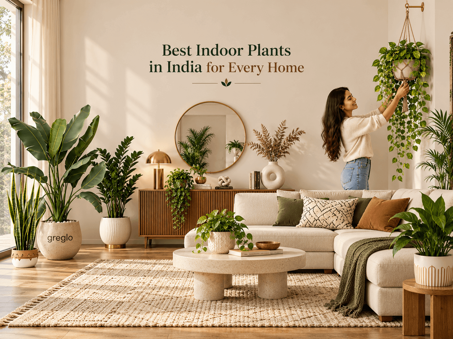 Best indoor plants in India displayed in a modern living room with snake plant, ZZ plant, money plant, large leafy plants, hanging pothos, and a Greglo-branded pot.