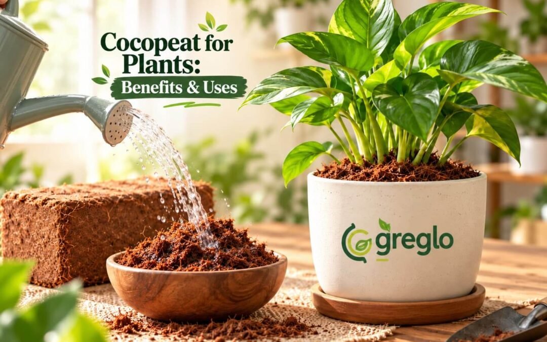 Water being poured onto cocopeat beside a healthy indoor plant.
