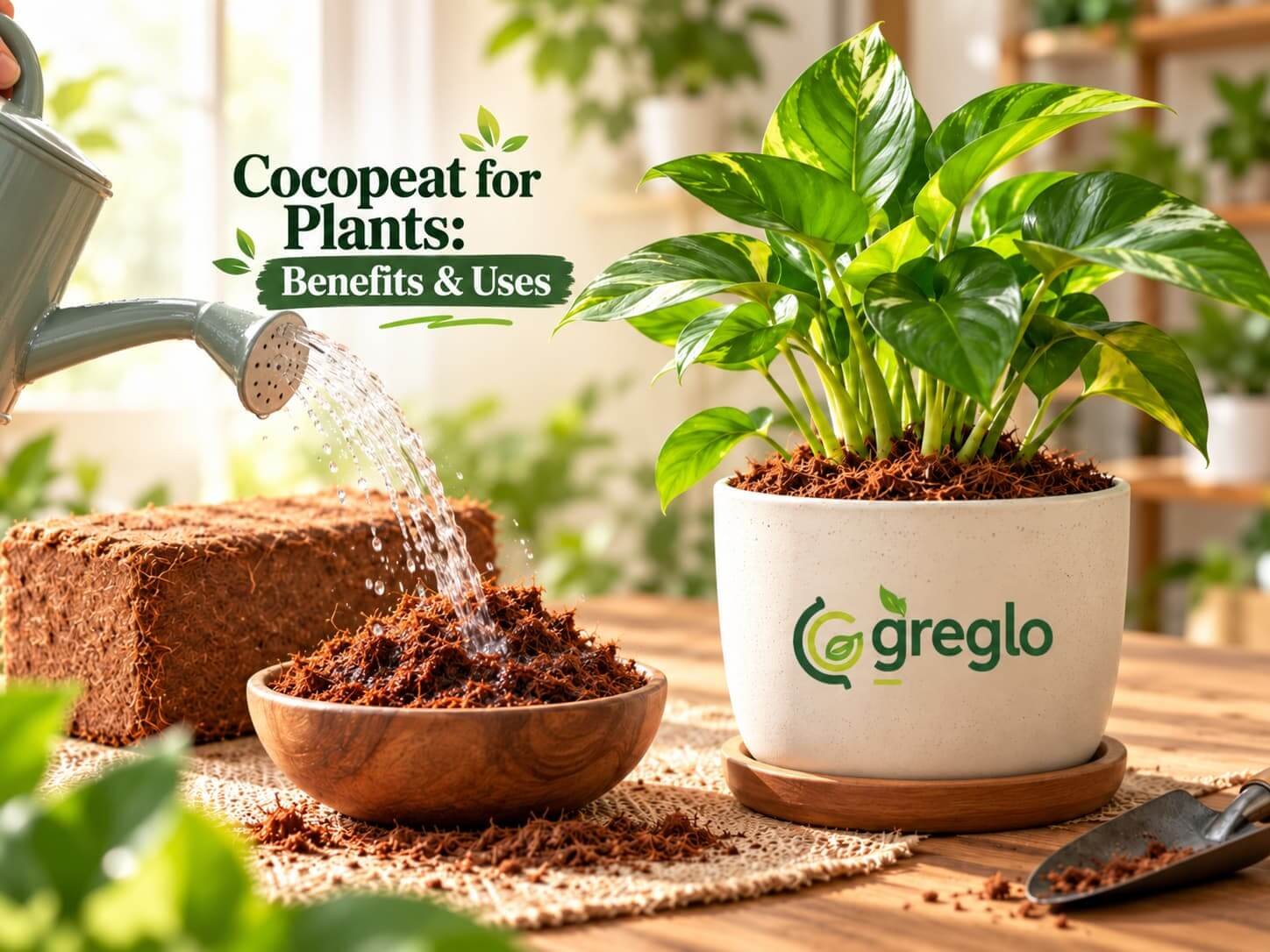 Water being poured onto cocopeat beside a healthy indoor plant.