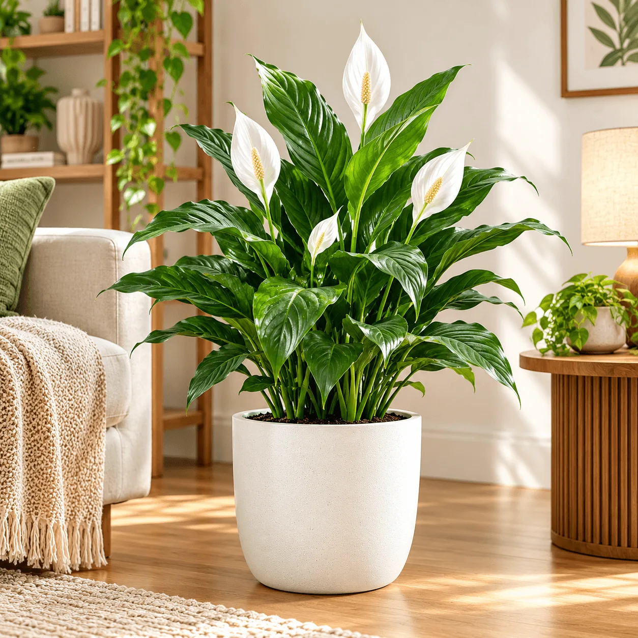 Peace Lily Indoor Plant Peace lily in a white pot in a bright home.