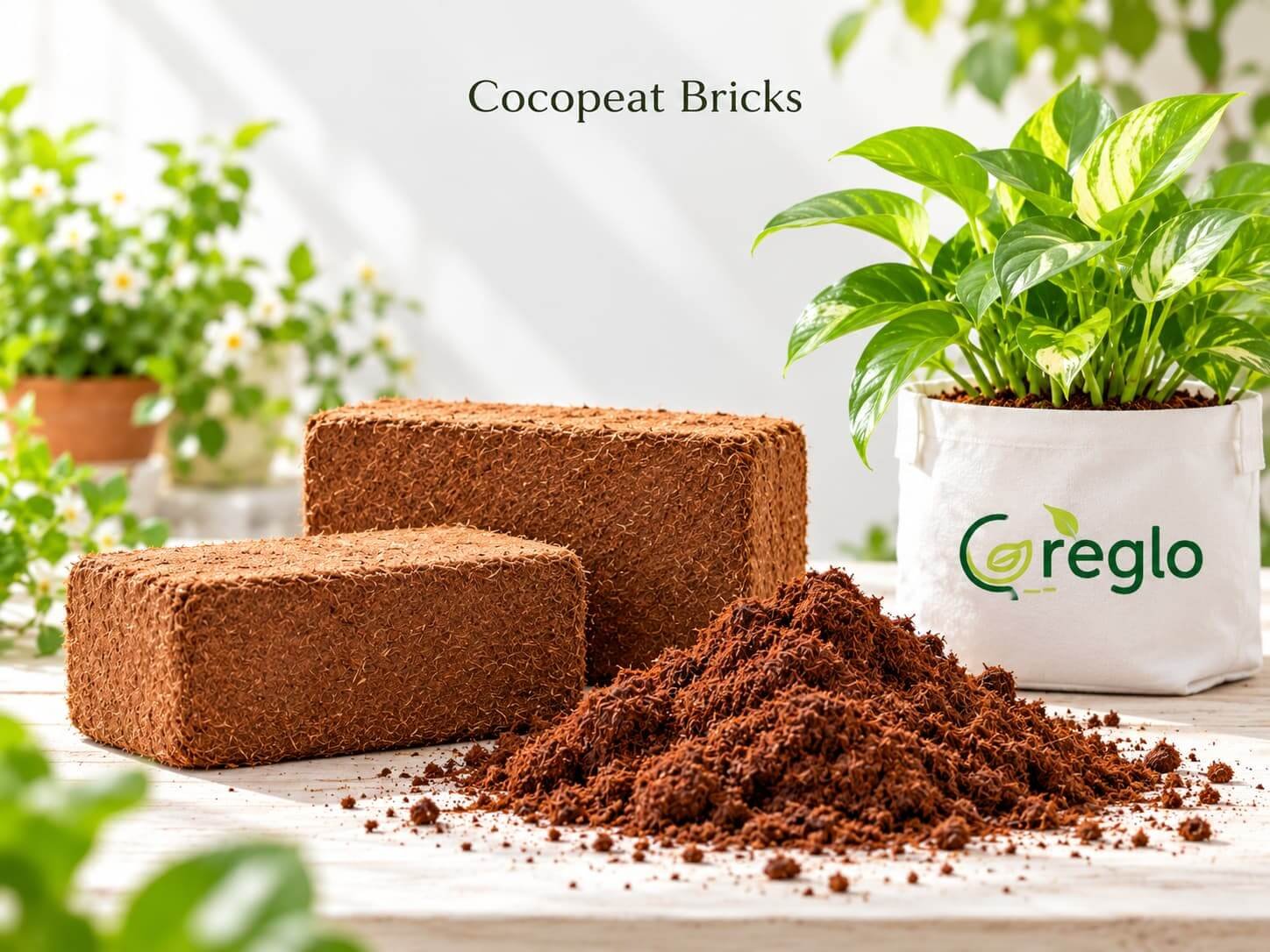 Cocopeat Bricks Cocopeat bricks with loose cocopeat and Greglo plant grow bag